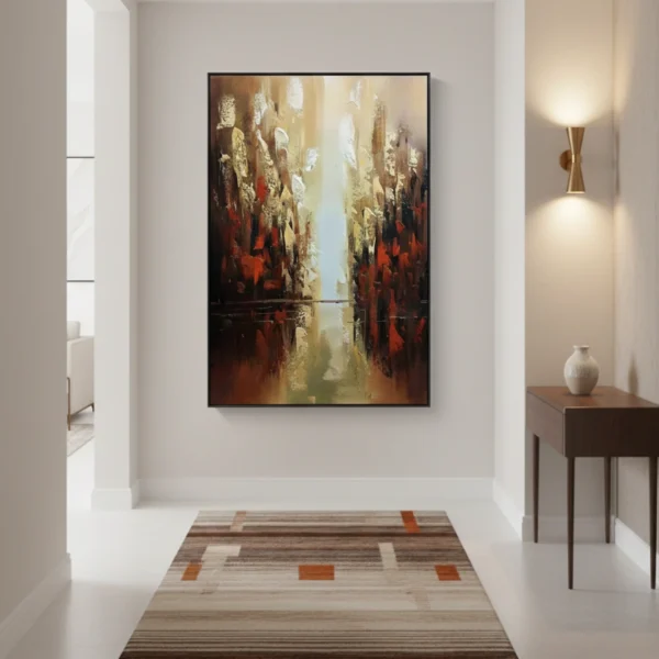 Layered abstract hand-painted canvas depicting an ethereal cityscape in warm ochres, deep reds, and luminous cream tones, modern entryway