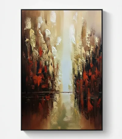 Abstract hand-painted canvas with layered gestural brushstrokes in warm reds, golds, and creams, contemporary living space