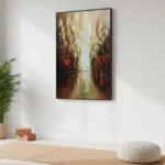 Layered abstract hand-painted canvas depicting a luminous vertical passageway in warm ochre, cream, and deep terracotta tones, styled in a contemporary meditation space
