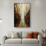 Layered abstract hand-painted canvas depicting urban architecture in warm terracotta and golden light tones, contemporary living space