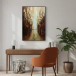 Layered abstract hand-painted canvas with warm earth tones and luminous central light, contemporary workspace
