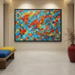 Gestural abstract expressionist hand-painted canvas in vibrant reds, oranges, and yellows against turquoise, contemporary gallery space