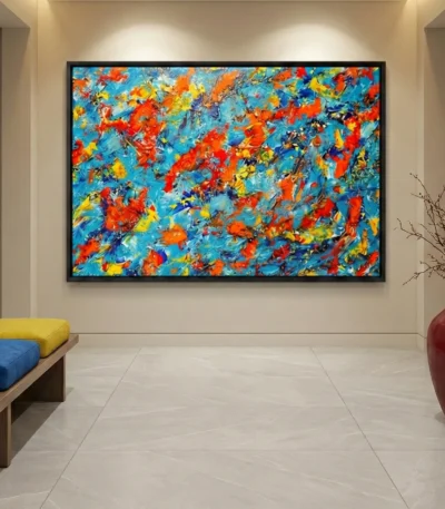 Gestural abstract expressionist hand-painted canvas in vibrant reds, oranges, and yellows against turquoise, contemporary gallery space