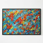 Gestural abstract expressionist hand-painted canvas in vibrant red, yellow, blue and orange brushstrokes, modern living space