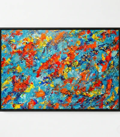 Gestural abstract expressionist hand-painted canvas in vibrant red, yellow, blue and orange brushstrokes, modern living space