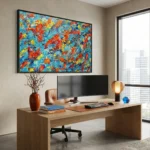 Gestural abstract expressionist hand-painted canvas in vibrant red, orange, yellow and turquoise brushstrokes, modern office setting