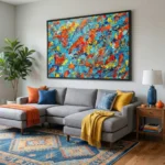 Gestural abstract expressionist hand-painted canvas in vibrant turquoise, orange, yellow and red brushstrokes, contemporary living space