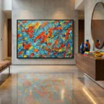 Gestural abstract expressionist hand-painted canvas in vibrant red, yellow, and blue brushstrokes, contemporary entryway