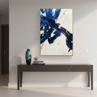 Gestural abstract expressionist hand-painted canvas in deep navy and black brushstrokes with white, contemporary entryway