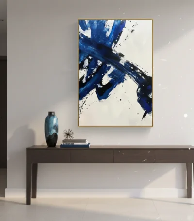 Gestural abstract expressionist hand-painted canvas in deep navy and black brushstrokes with white, contemporary entryway