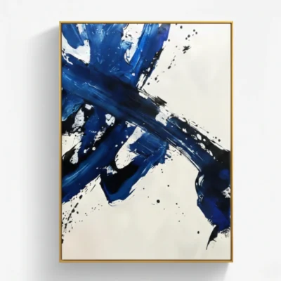 Gestural abstract hand-painted canvas in cobalt blue and black with white accents, contemporary living space