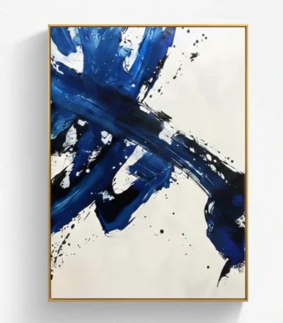 Gestural abstract hand-painted canvas in cobalt blue and black with white accents, contemporary living space