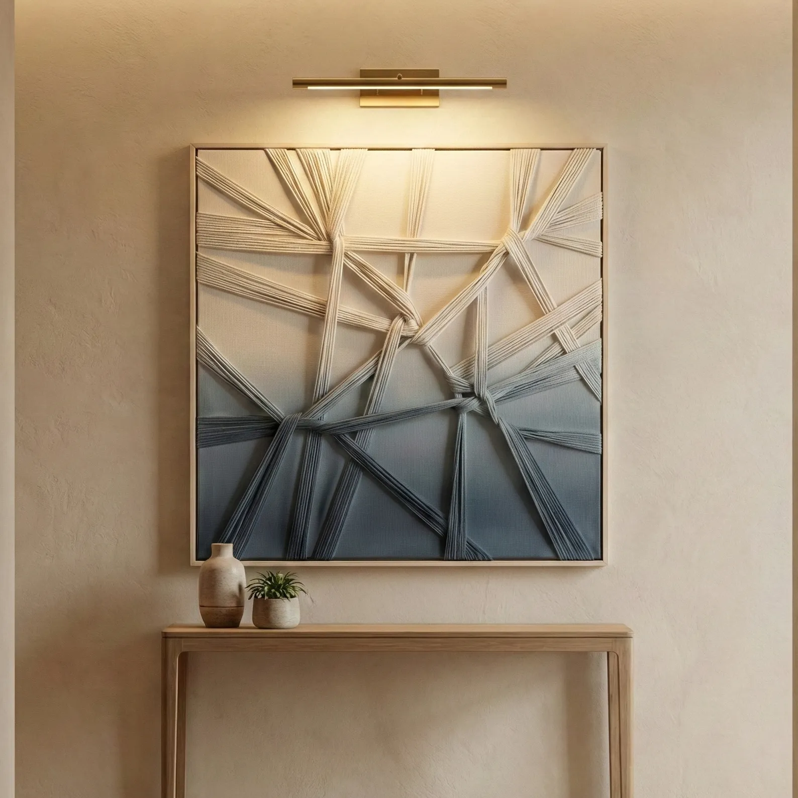 Indigo Lines Textured woven fiber wall decor fabric wall art (1.5) Layered abstract hand-painted canvas with sweeping gestural brushstrokes in cream, charcoal, and slate blue tones, contemporary entryway
