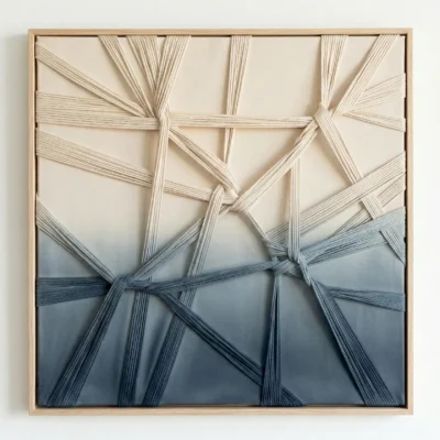Textured abstract hand-painted canvas with interwoven natural fiber strands in cream, sage, and deep navy gradient, contemporary white room