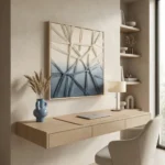 Minimalist hand-painted canvas with geometric line patterns transitioning from cream to slate blue, modern office space