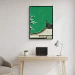 Contemporary hand-painted canvas depicting traditional Asian architecture with cherry blossoms, emerald green and cream palette, modern workspace