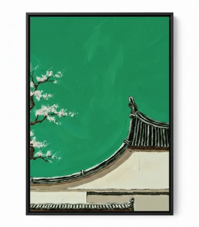 Contemporary hand-painted canvas depicting Asian architecture with flowering cherry branch, vibrant emerald and cream tones