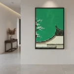 Contemporary hand-painted canvas depicting curved Asian architecture with white blossoms against vibrant green, modern hallway