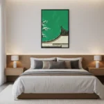 Contemporary minimalist hand-painted canvas depicting traditional Asian architecture with curved roof and flowering branch against vibrant green, modern bedroom