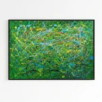 Gestural abstract expressionist hand-painted canvas in vibrant greens, yellows, and blues with dynamic drip marks, modern living space
