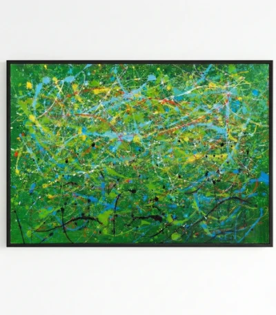 Gestural abstract expressionist hand-painted canvas in vibrant greens, yellows, and blues with dynamic drip marks, modern living space