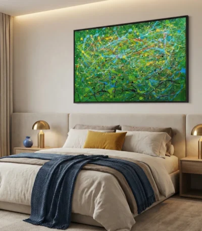 Gestural abstract expressionist hand-painted canvas in vibrant greens, yellows, and blues with dynamic layered brushstrokes, modern bedroom
