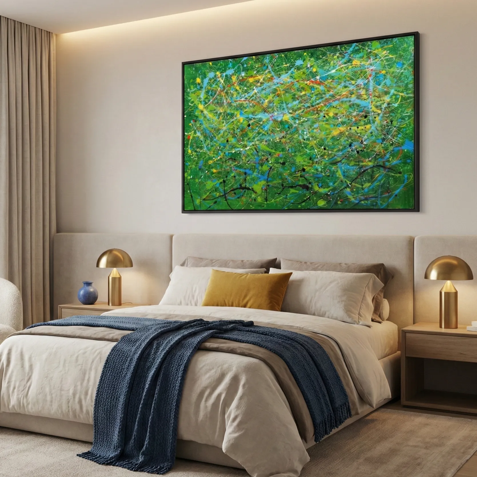 Kinetic Flow Energetic green, blue, yellow lines pollock wall art1 Gestural abstract expressionist hand-painted canvas in vibrant greens, yellows, and blues with dynamic layered brushstrokes, modern bedroom