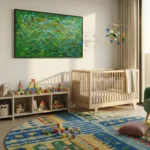 Gestural abstract expressionist hand-painted canvas in vibrant greens, yellows and blues with dynamic layered brushstrokes, styled in a nursery