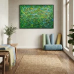 Gestural abstract expressionist hand-painted canvas in vibrant greens, yellows, and blues with dynamic layered brushstrokes, contemporary living space