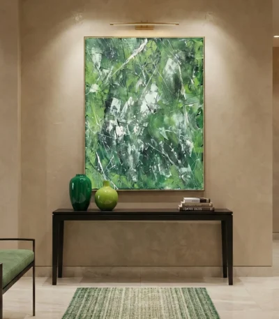 Gestural abstract hand-painted canvas in layered greens and whites with dynamic line work, contemporary entryway setting