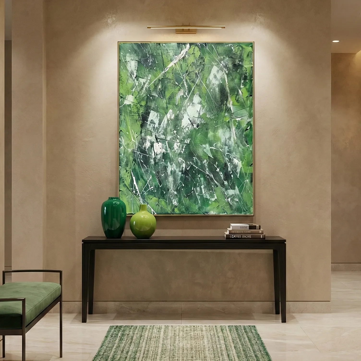 Kinetic Green Abstract expressionist green painting pollock wall art (2) Gestural abstract hand-painted canvas in layered greens and whites with dynamic line work, contemporary entryway setting