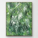 Gestural abstract hand-painted canvas in layered greens and whites with dynamic brushstrokes and linear marks