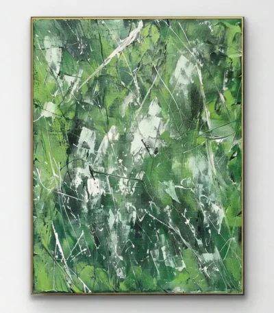 Gestural abstract hand-painted canvas in layered greens and whites with dynamic brushstrokes and linear marks