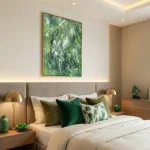 Gestural abstract hand-painted canvas in layered greens and whites with dynamic brushstrokes, modern bedroom setting