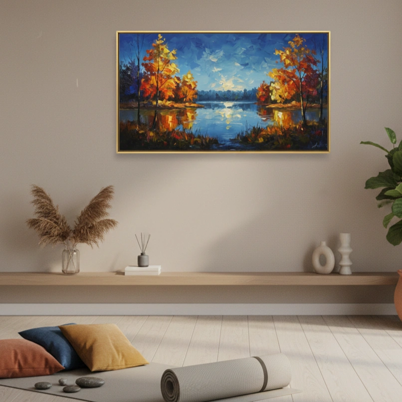 Luminous Dusk Lakeside Scenery color art wall decor (1.5) Impressionist landscape hand-painted canvas depicting autumn trees reflecting in still water with golden and blue tones, contemporary living space