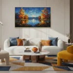 Impressionist landscape hand-painted canvas depicting autumn trees reflecting in still water beneath golden sunset sky, contemporary living space