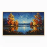 Impressionist landscape hand-painted canvas depicting autumn trees reflecting in still water beneath blue sky