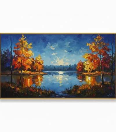 Impressionist landscape hand-painted canvas depicting autumn trees reflecting in still water beneath blue sky