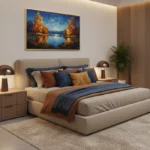 Impressionist landscape hand-painted canvas depicting autumn trees reflected in calm water under blue sky, warm ochre and navy tones, modern bedroom