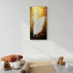 Contemporary textured hand-painted canvas featuring abstract violin in white dimensional relief, warm golden ochre palette, styled interior
