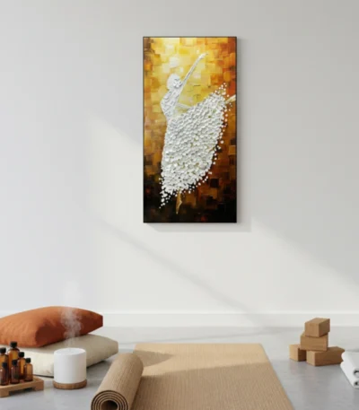 Contemporary textured hand-painted canvas featuring abstract violin in white dimensional relief, warm golden ochre palette, styled interior