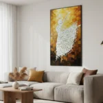 Textured abstract hand-painted canvas depicting a white figure in flowing motion against warm golden and bronze tones, contemporary living space