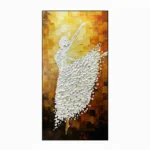 Textured contemporary hand-painted canvas of an elegant ballet dancer in white with cascading pearls against warm golden-ochre background