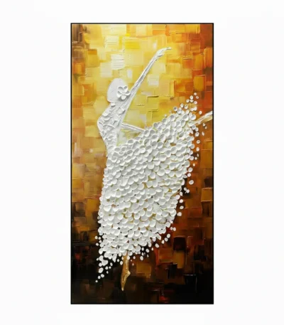 Textured contemporary hand-painted canvas of an elegant ballet dancer in white with cascading pearls against warm golden-ochre background