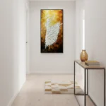 Textured hand-painted canvas of an elegant white peacock with cascading feathers in gold and bronze tones, modern entryway