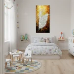 Textured hand-painted canvas featuring white impasto ballet dancer silhouette against golden brown abstract background, children's bedroom