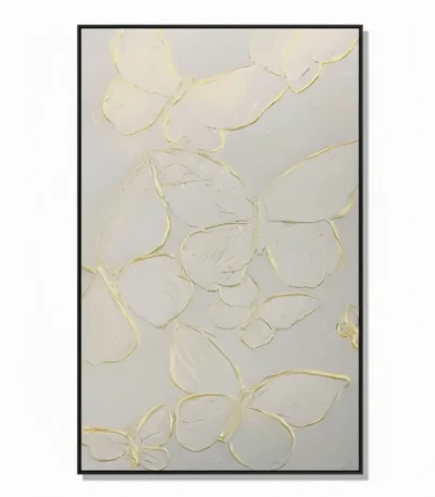 Textured hand-painted canvas featuring layered floral botanicals in cream and gold leaf, contemporary living space