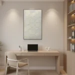 Minimalist hand-painted canvas with delicate gold leaf botanical outlines on cream background, modern home office