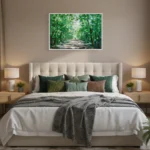 Impressionist hand-painted canvas depicting a verdant tree-lined pathway in lush greens and soft light, contemporary bedroom setting