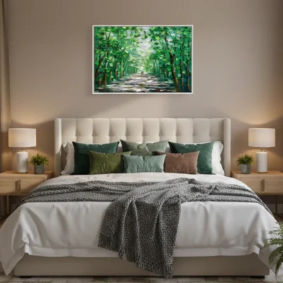 Impressionist hand-painted canvas depicting a verdant tree-lined pathway in lush greens and soft light, contemporary bedroom setting
